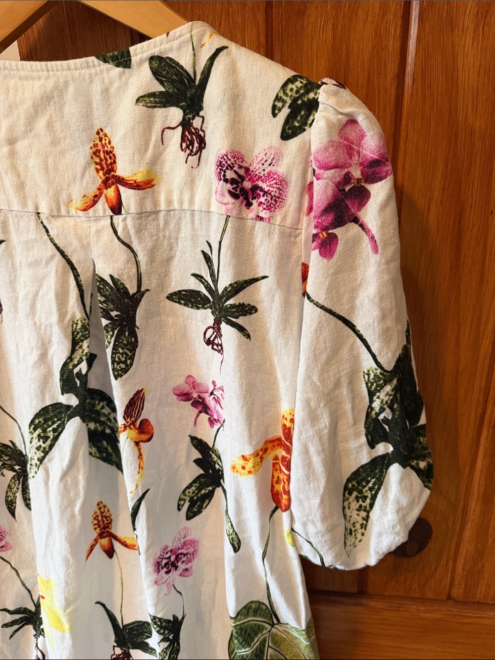 Joie Orchid Botanical Print Linen Puff Sleeve Dress Floral White Boho Size L - Picture 8 of 9